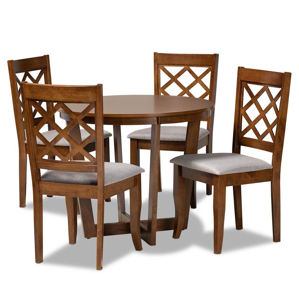 Grey Fabric Upholstered and Walnut Brown Finished Wood 5-Piece Dining Set