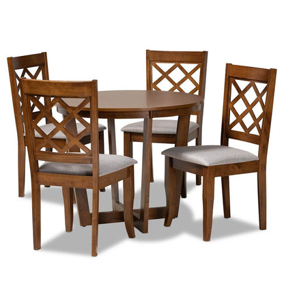 Grey Fabric Upholstered and Walnut Brown Finished Wood 5-Piece Dining Set