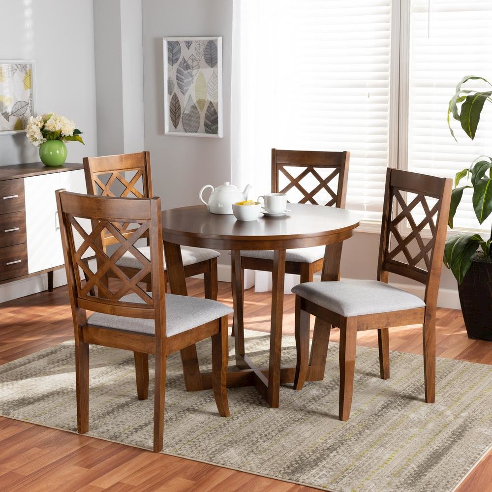 Grey Fabric Upholstered and Walnut Brown Finished Wood 5-Piece Dining Set