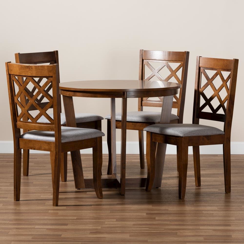 Grey Fabric Upholstered and Walnut Brown Finished Wood 5-Piece Dining Set