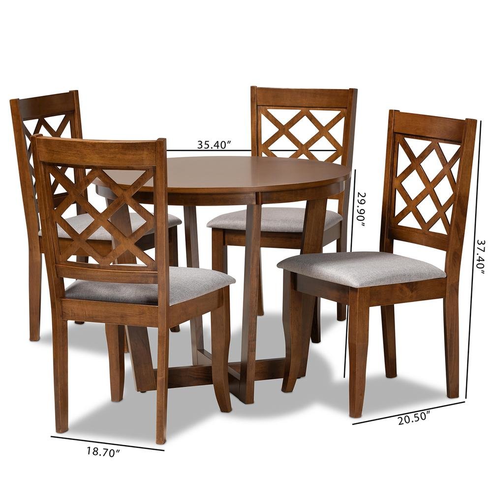 Grey Fabric Upholstered and Walnut Brown Finished Wood 5-Piece Dining Set