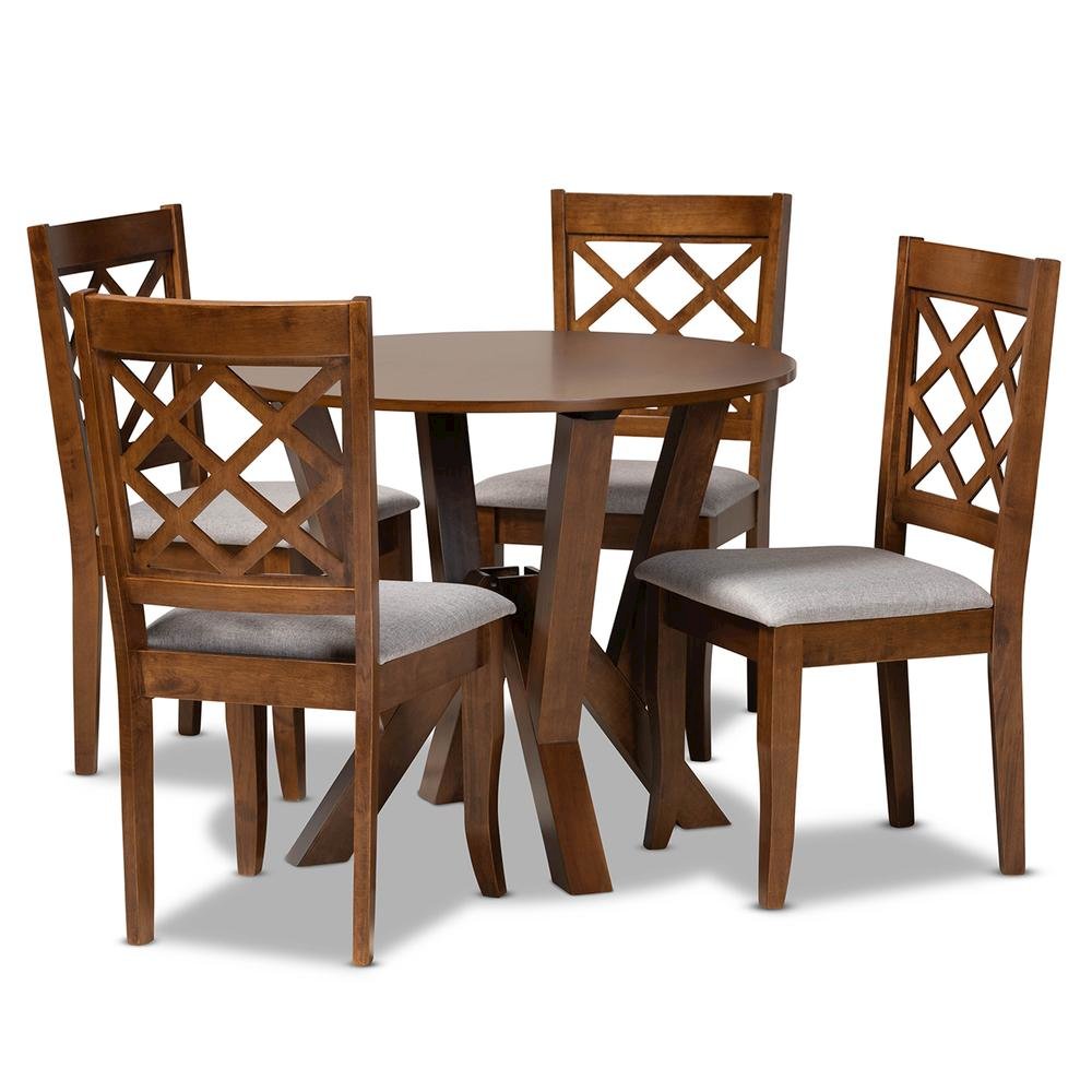 Grey Fabric Upholstered and Walnut Brown Finished Wood 5-Piece Dining Set