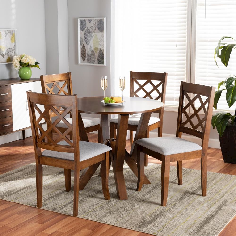 Grey Fabric Upholstered and Walnut Brown Finished Wood 5-Piece Dining Set