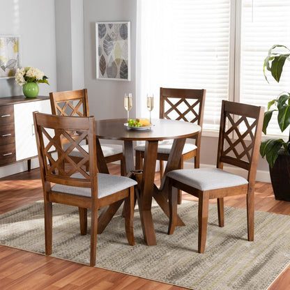 Grey Fabric Upholstered and Walnut Brown Finished Wood 5-Piece Dining Set