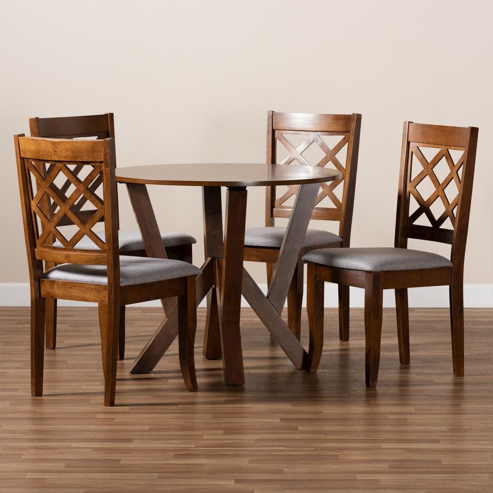 Grey Fabric Upholstered and Walnut Brown Finished Wood 5-Piece Dining Set