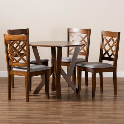 Grey Fabric Upholstered and Walnut Brown Finished Wood 5-Piece Dining Set