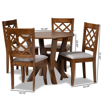 Grey Fabric Upholstered and Walnut Brown Finished Wood 5-Piece Dining Set