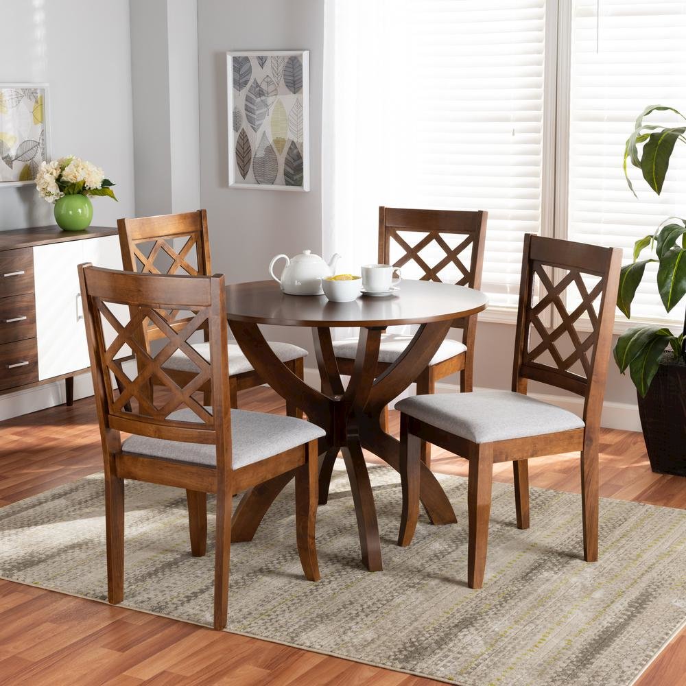 Grey Fabric Upholstered and Walnut Brown Finished Wood 5-Piece Dining Set
