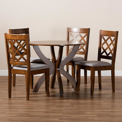 Grey Fabric Upholstered and Walnut Brown Finished Wood 5-Piece Dining Set