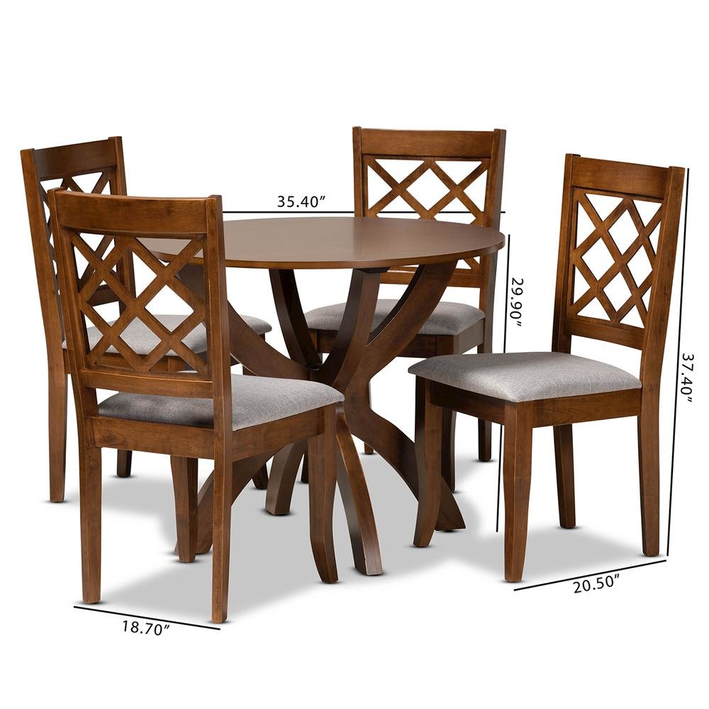 Grey Fabric Upholstered and Walnut Brown Finished Wood 5-Piece Dining Set
