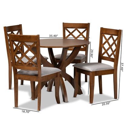 Grey Fabric Upholstered and Walnut Brown Finished Wood 5-Piece Dining Set