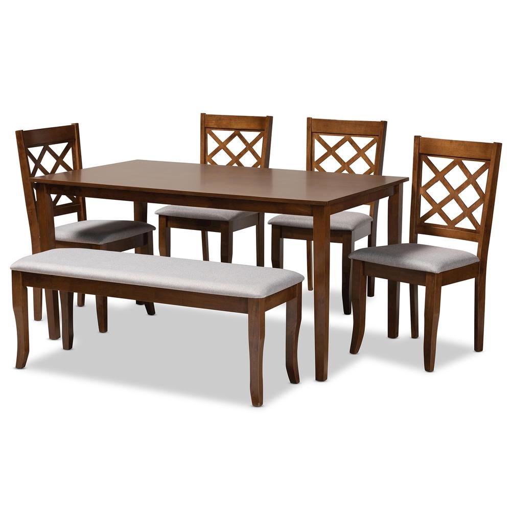 Grey Fabric Upholstered and Walnut Brown Finished Wood 6-Piece Dining Set