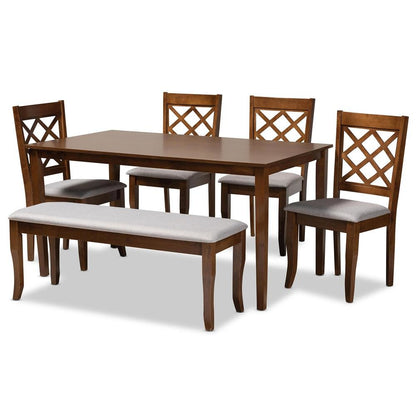 Grey Fabric Upholstered and Walnut Brown Finished Wood 6-Piece Dining Set