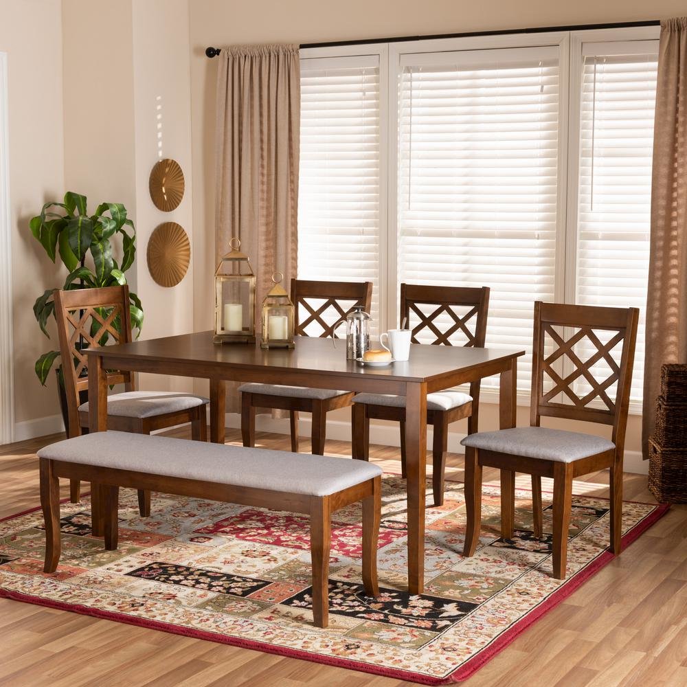 Grey Fabric Upholstered and Walnut Brown Finished Wood 6-Piece Dining Set