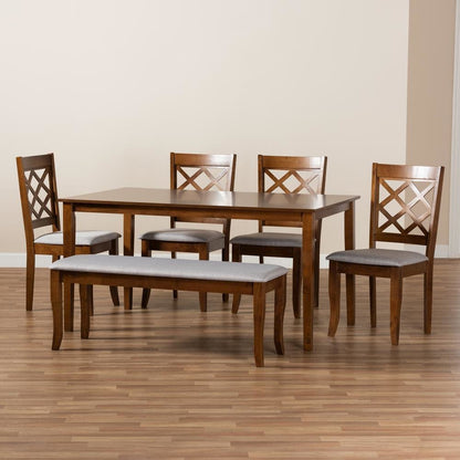 Grey Fabric Upholstered and Walnut Brown Finished Wood 6-Piece Dining Set