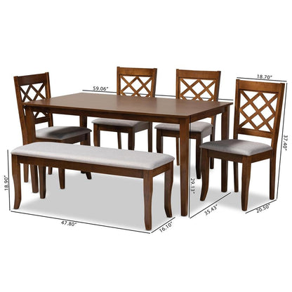 Grey Fabric Upholstered and Walnut Brown Finished Wood 6-Piece Dining Set