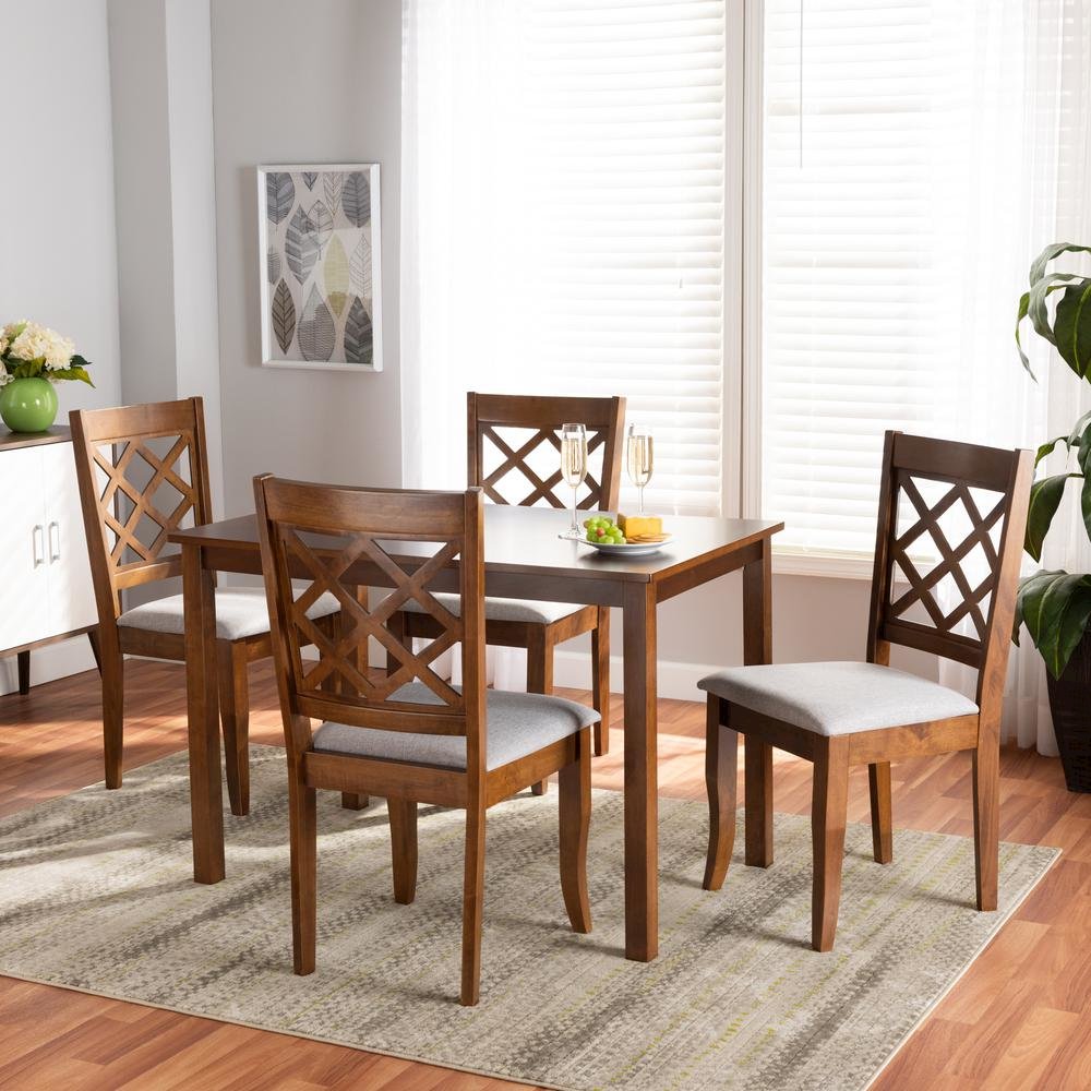 Grey Fabric Upholstered and Walnut Brown Finished Wood 5-Piece Dining Set
