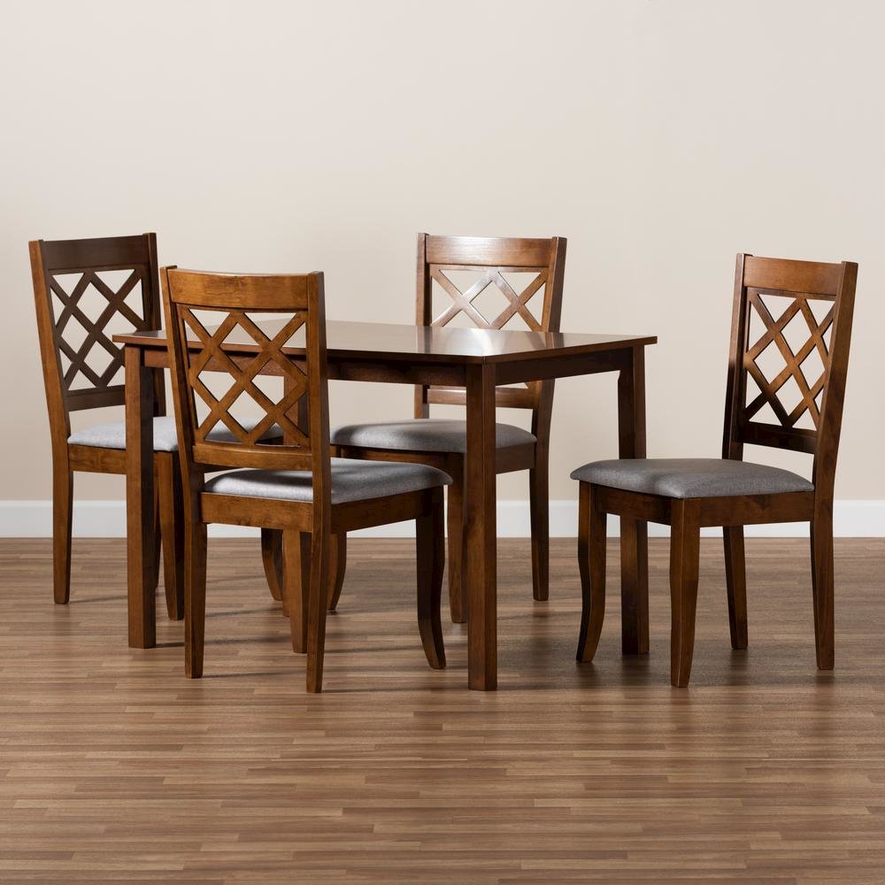 Grey Fabric Upholstered and Walnut Brown Finished Wood 5-Piece Dining Set