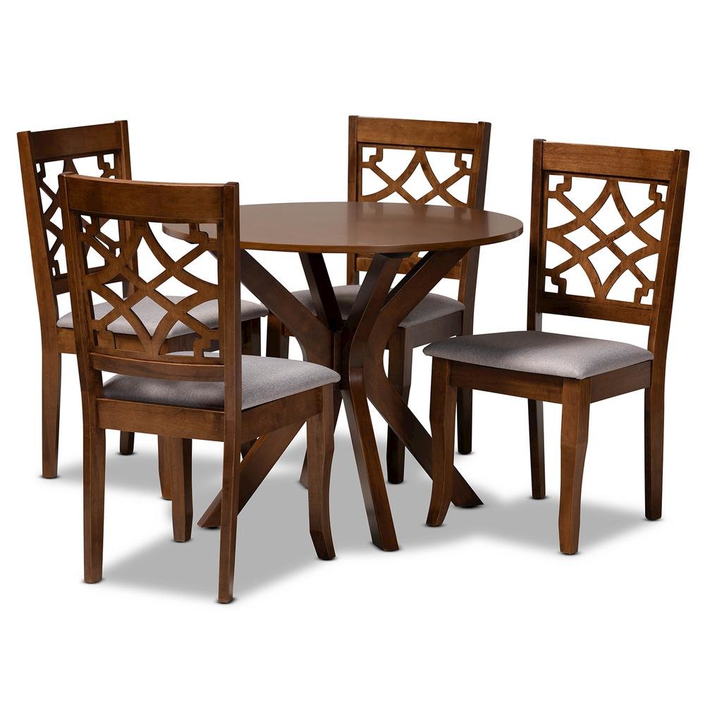 Grey Fabric Upholstered and Walnut Brown Finished Wood 5-Piece Dining Set