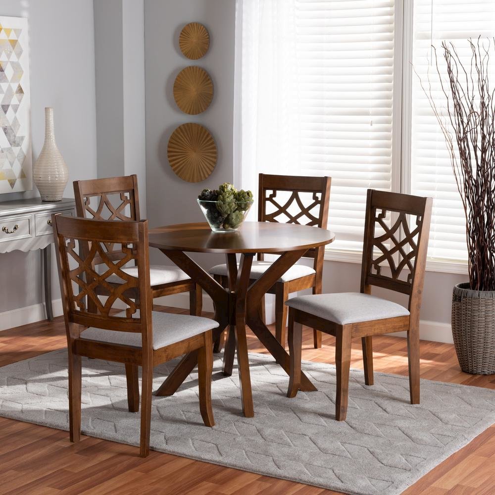 Grey Fabric Upholstered and Walnut Brown Finished Wood 5-Piece Dining Set