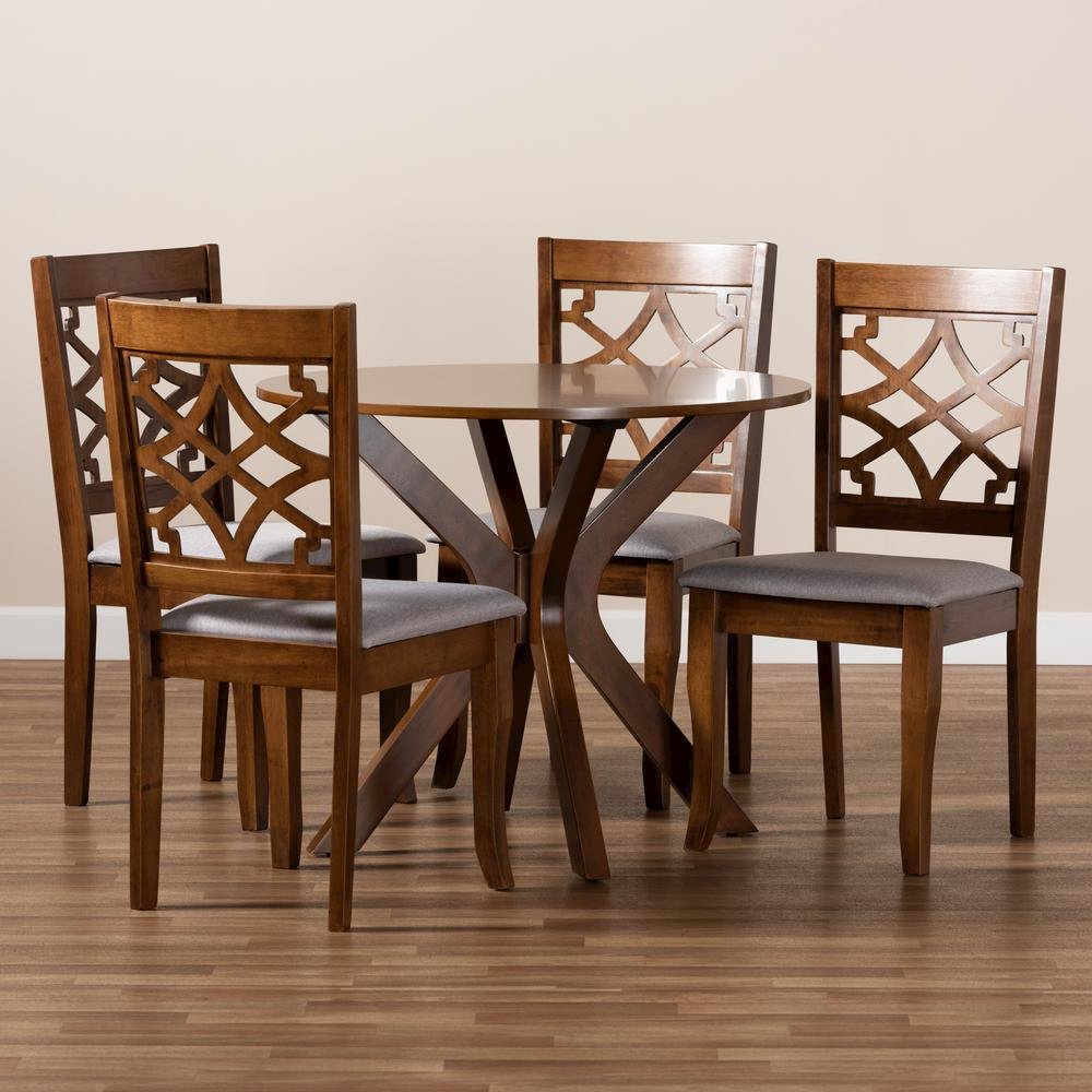 Grey Fabric Upholstered and Walnut Brown Finished Wood 5-Piece Dining Set