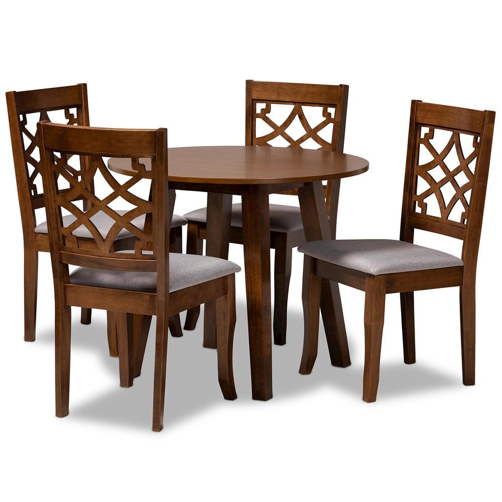 Grey Fabric Upholstered and Walnut Brown Finished Wood 5-Piece Dining Set