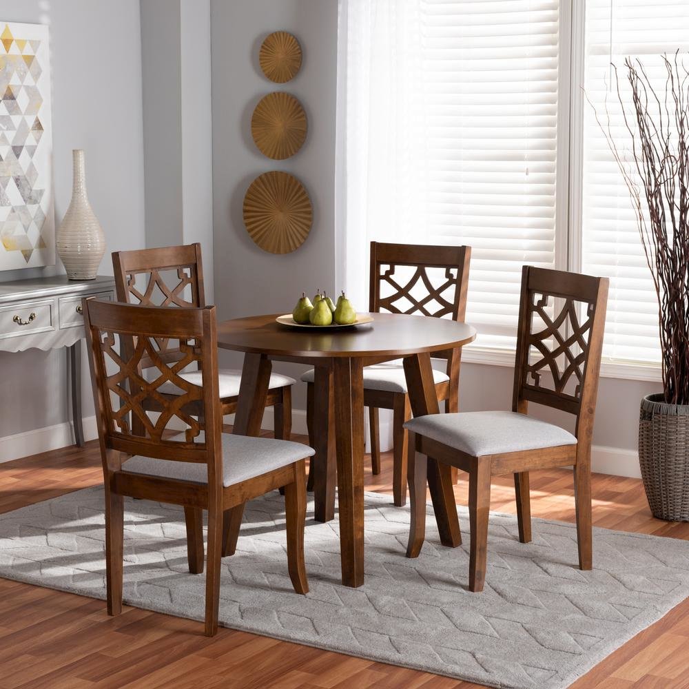 Grey Fabric Upholstered and Walnut Brown Finished Wood 5-Piece Dining Set