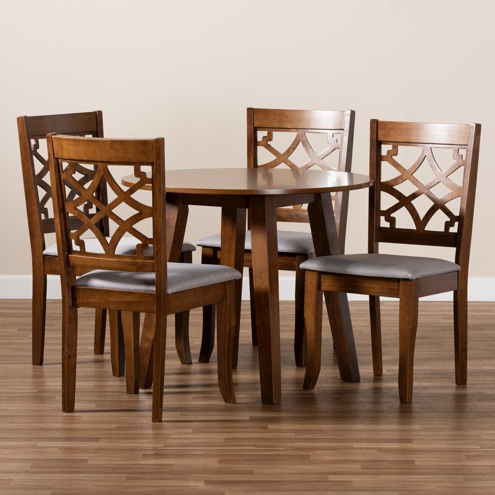 Grey Fabric Upholstered and Walnut Brown Finished Wood 5-Piece Dining Set