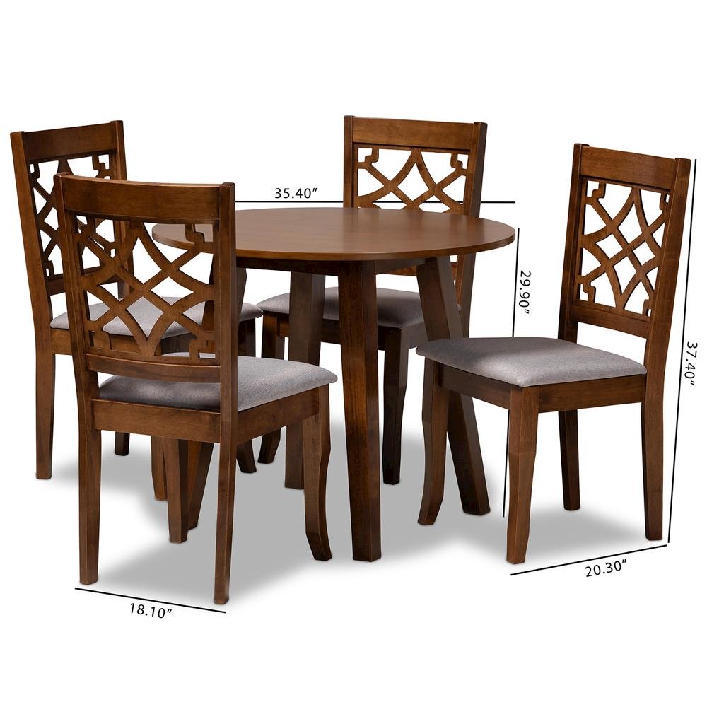 Grey Fabric Upholstered and Walnut Brown Finished Wood 5-Piece Dining Set