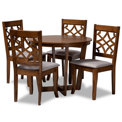 Grey Fabric Upholstered and Walnut Brown Finished Wood 5-Piece Dining Set