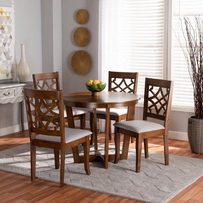 Grey Fabric Upholstered and Walnut Brown Finished Wood 5-Piece Dining Set