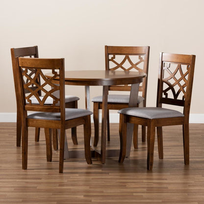 Grey Fabric Upholstered and Walnut Brown Finished Wood 5-Piece Dining Set