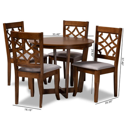 Grey Fabric Upholstered and Walnut Brown Finished Wood 5-Piece Dining Set