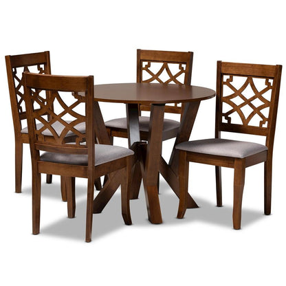 Grey Fabric Upholstered and Walnut Brown Finished Wood 5-Piece Dining Set