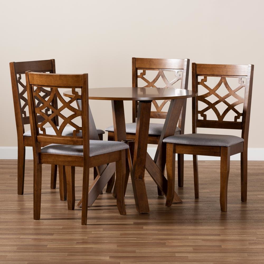 Grey Fabric Upholstered and Walnut Brown Finished Wood 5-Piece Dining Set