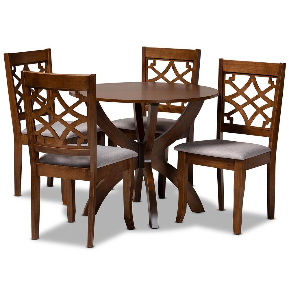Grey Fabric Upholstered and Walnut Brown Finished Wood 5-Piece Dining Set