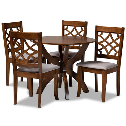 Grey Fabric Upholstered and Walnut Brown Finished Wood 5-Piece Dining Set