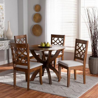 Grey Fabric Upholstered and Walnut Brown Finished Wood 5-Piece Dining Set