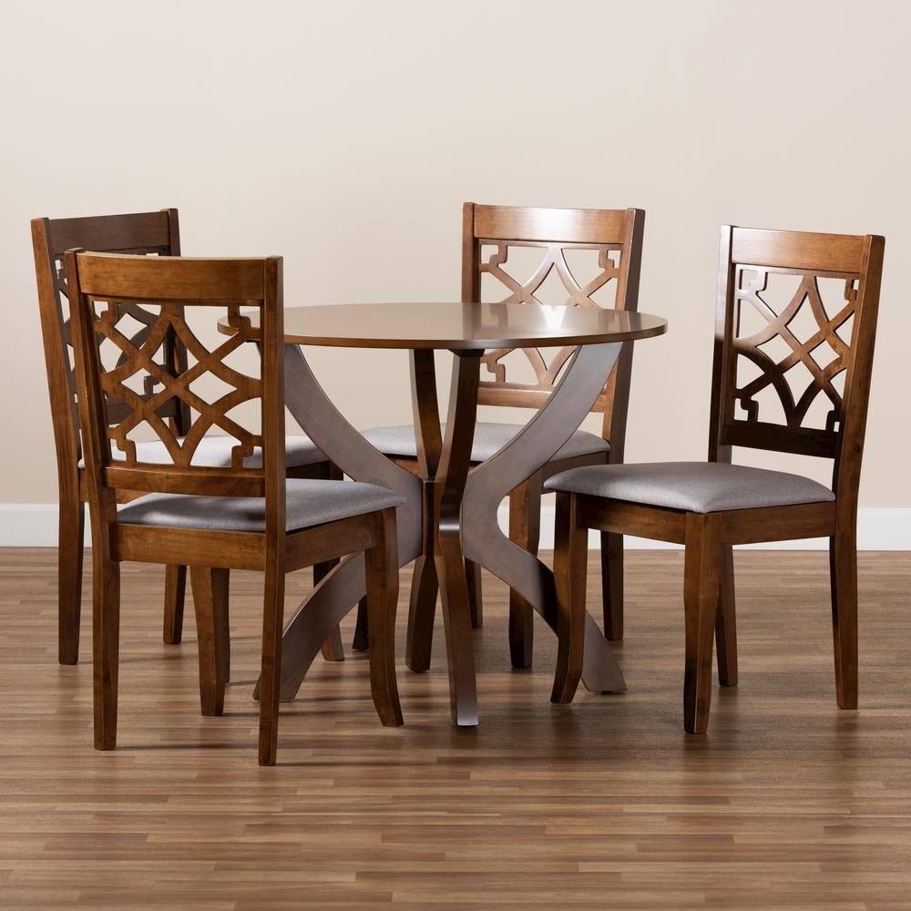 Grey Fabric Upholstered and Walnut Brown Finished Wood 5-Piece Dining Set