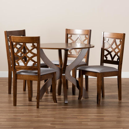 Grey Fabric Upholstered and Walnut Brown Finished Wood 5-Piece Dining Set