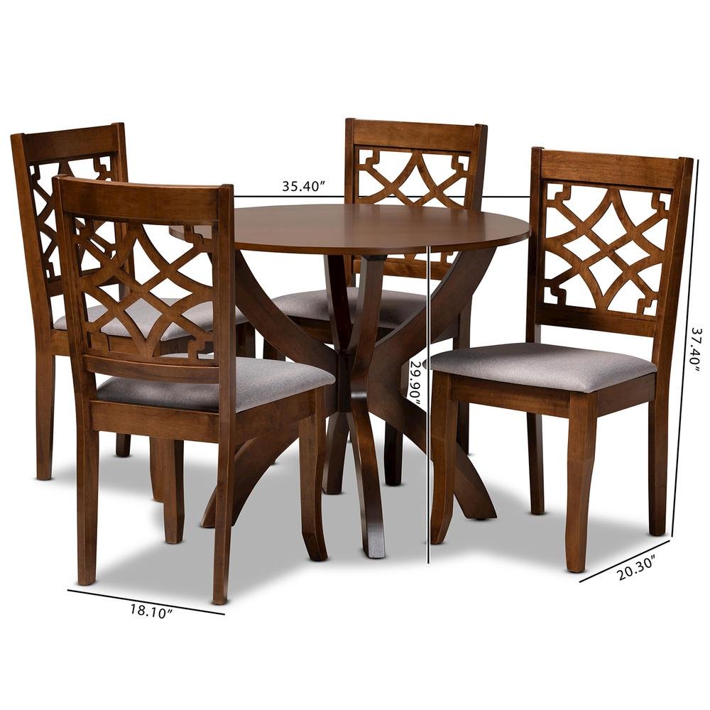 Grey Fabric Upholstered and Walnut Brown Finished Wood 5-Piece Dining Set