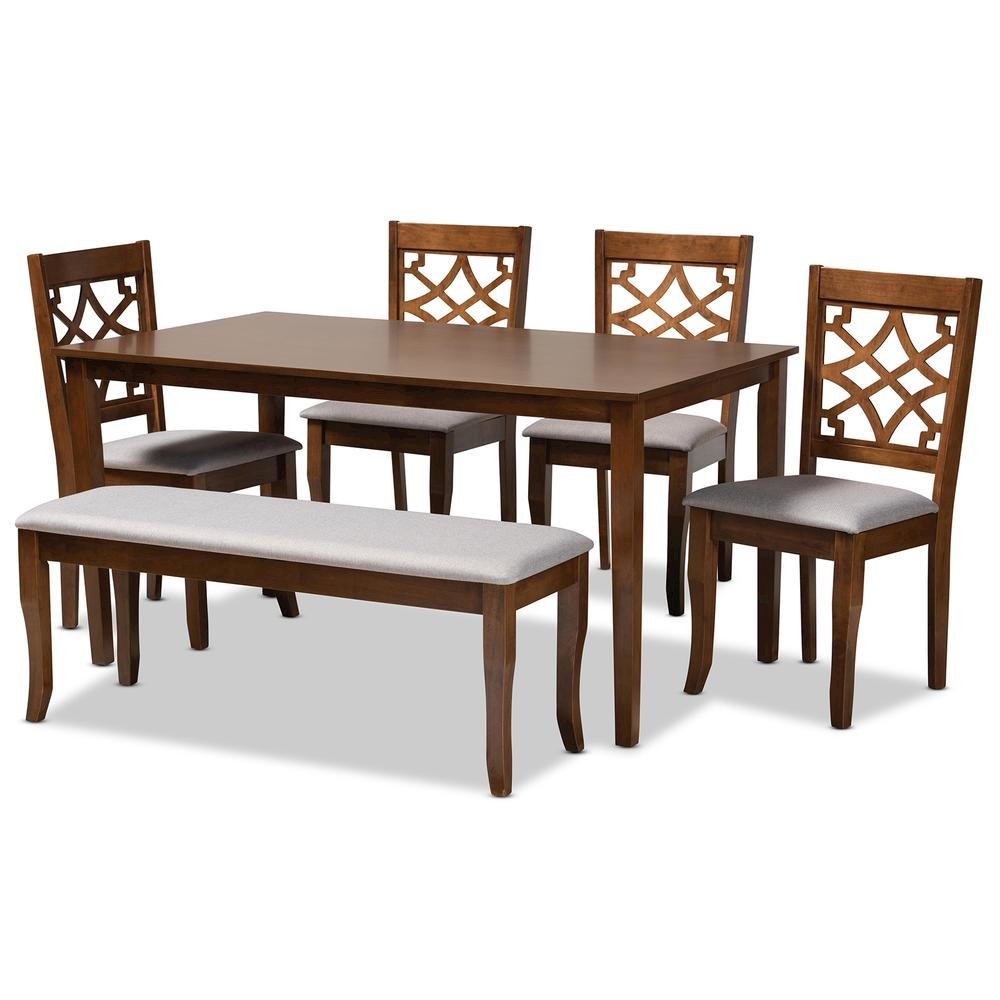 Grey Fabric Upholstered and Walnut Brown Finished Wood 6-Piece Dining Set