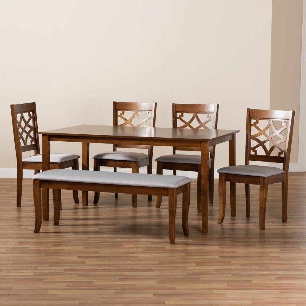 Grey Fabric Upholstered and Walnut Brown Finished Wood 6-Piece Dining Set