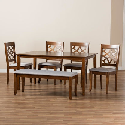 Grey Fabric Upholstered and Walnut Brown Finished Wood 6-Piece Dining Set