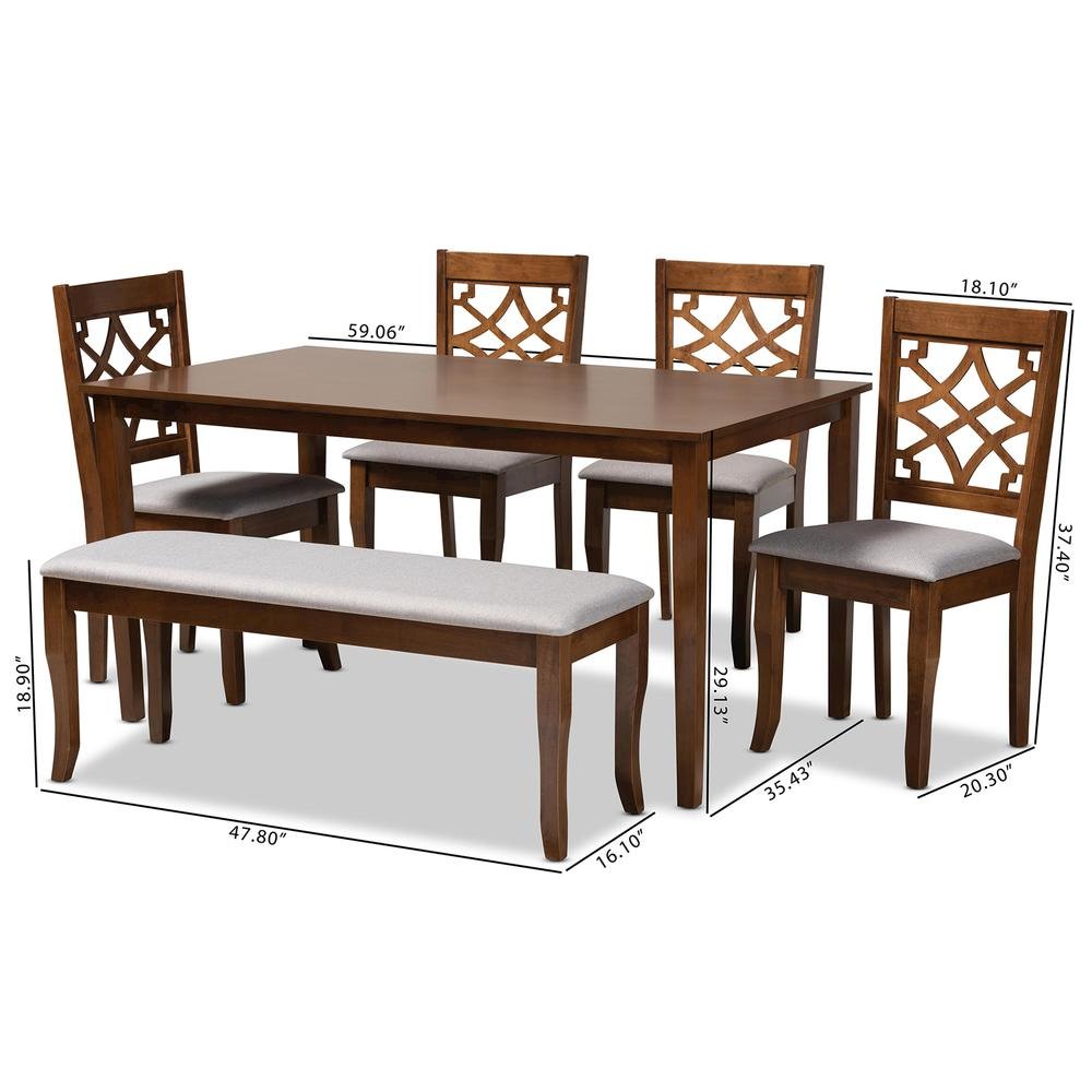 Grey Fabric Upholstered and Walnut Brown Finished Wood 6-Piece Dining Set