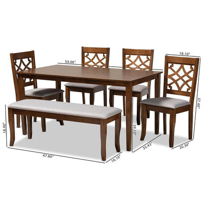 Grey Fabric Upholstered and Walnut Brown Finished Wood 6-Piece Dining Set