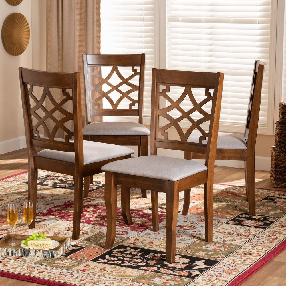 Grey Fabric Upholstered Walnut Brown Finished Wood 4-Piece Dining Chair Set