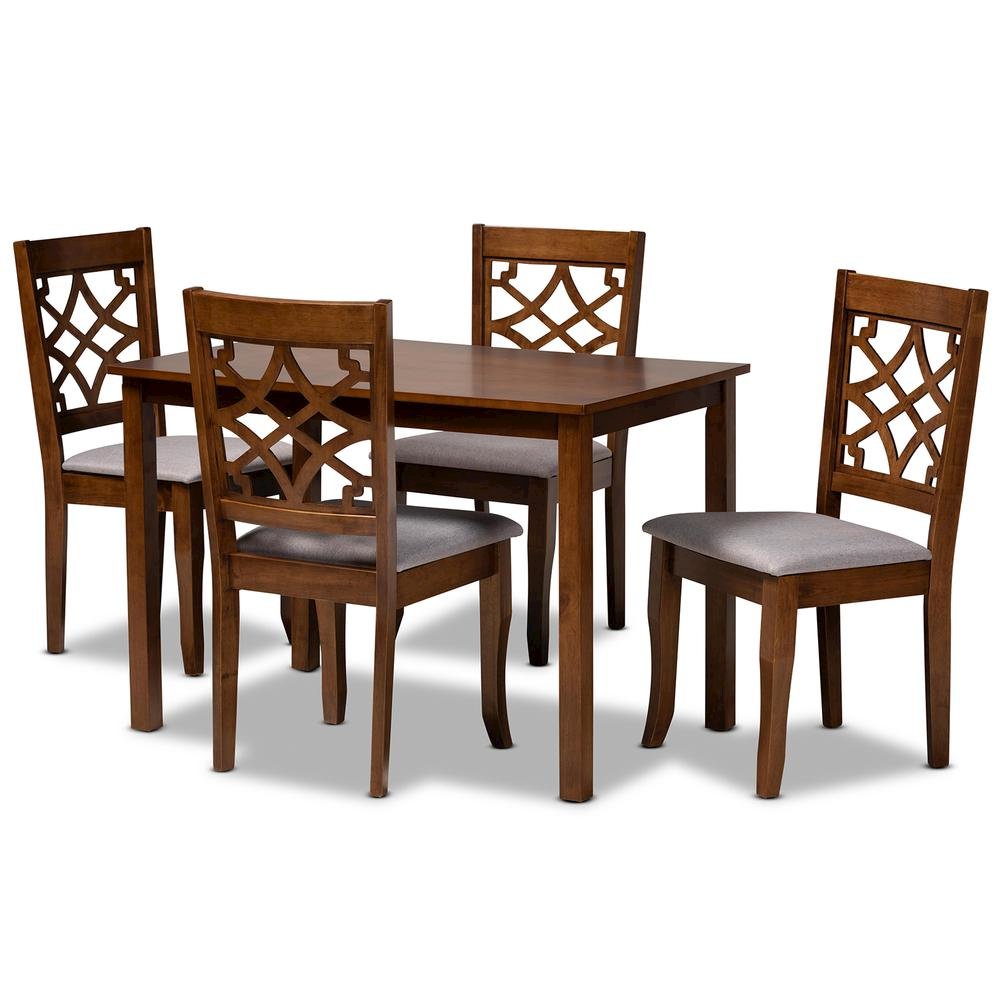 Grey Fabric Upholstered and Walnut Brown Finished Wood 5-Piece Dining Set