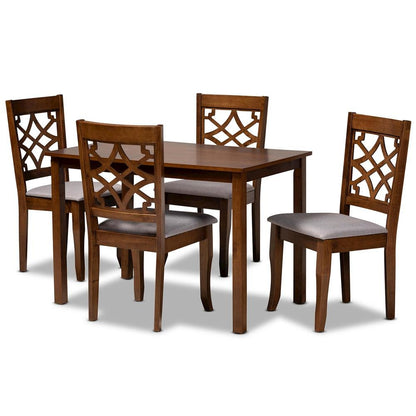 Grey Fabric Upholstered and Walnut Brown Finished Wood 5-Piece Dining Set