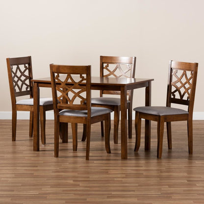 Grey Fabric Upholstered and Walnut Brown Finished Wood 5-Piece Dining Set